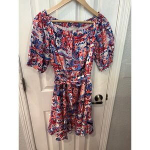 LOFT Mini Dress Red White Blue Ikat Off Shoulder Puff Sleeve Summer Boho NWT